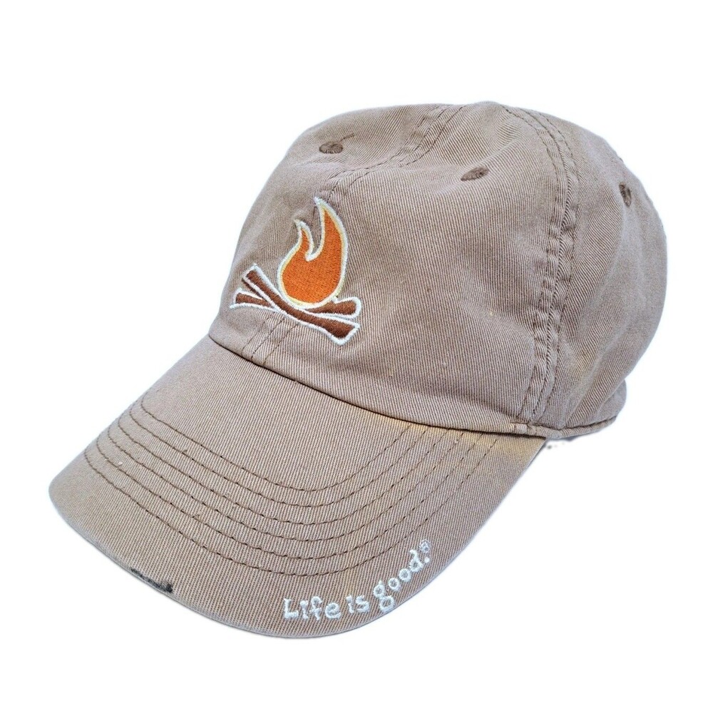 Life Is Good Campfire Strapback Hat Cap Brown Khaki Camping Fire